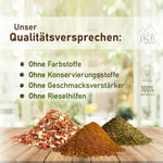 Qualitätsversprechen der JKR: ohne Zusatzstoffe, ohne Geschmacksverstärker, ohne Rieselhilfen, schonend verarbeitet und natürlich vegan