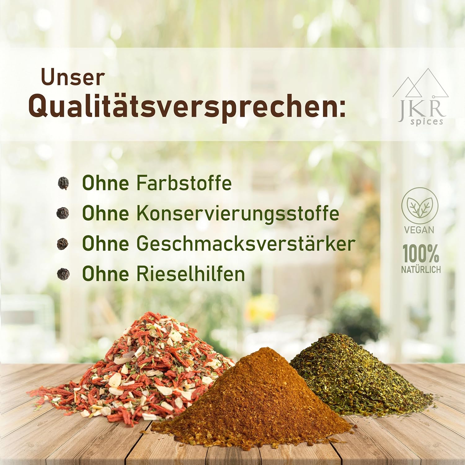 Qualitätsversprechen der JKR: ohne Zusatzstoffe, ohne Geschmacksverstärker, ohne Rieselhilfen, schonend verarbeitet und natürlich vegan