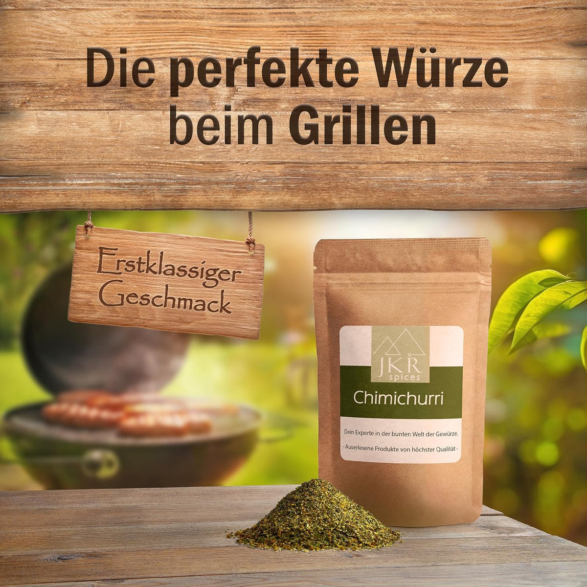 Chimichurri Gewürzmischung neben Grillzubehör – ideale Kräuterwürze für Fleisch, Gemüse und BBQ