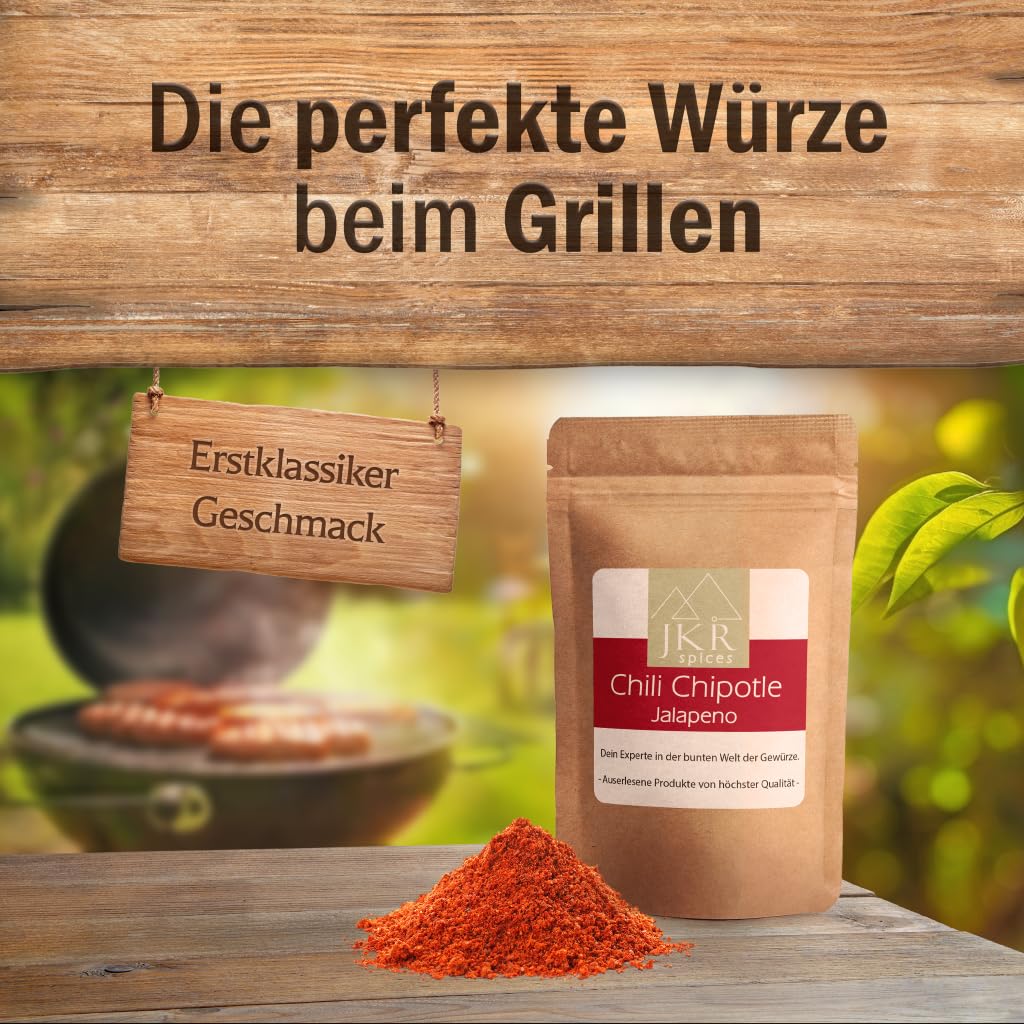 JKR Chili Chipotle Jalapeño Gewürz neben Grillgericht mit Texthinweis zur perfekten rauchigen Würze beim BBQ