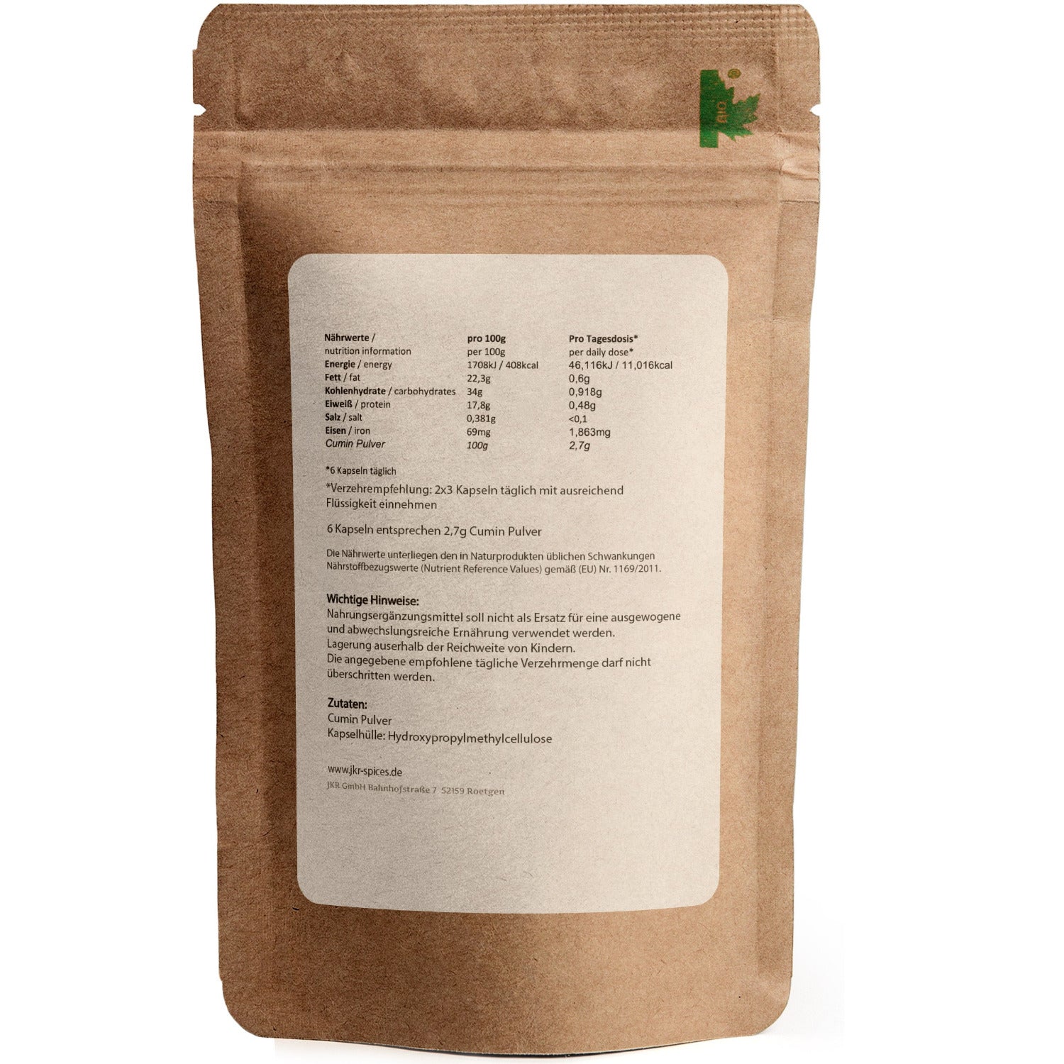 Rückseite des JKR Doypacks für Cumin Kapseln mit Nährwerten und Angaben – klare Produktinformation