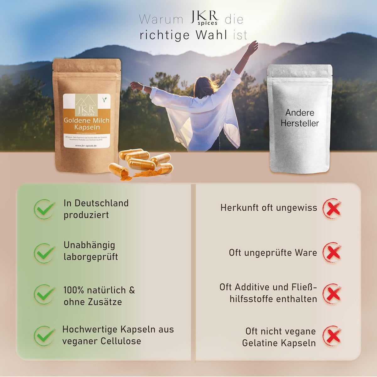 Vergleich zwischen Goldene Milch Pulvermischung und Kapseln – Vorteile wie Reinheit, Vegan und Ohne Zusatzstoffe