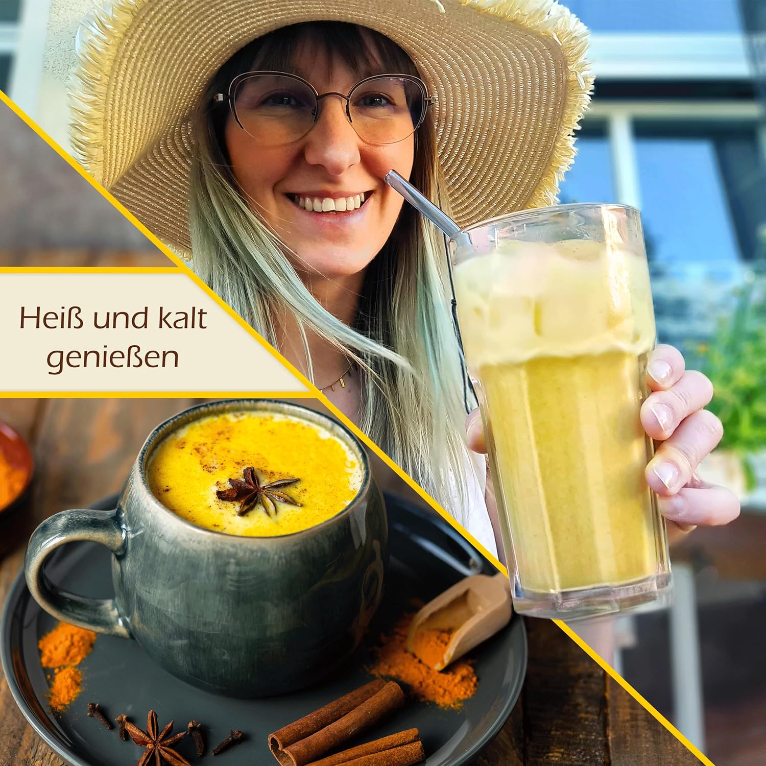 Frau im Garten mit frisch zubereiteter Goldener Milch – natürlicher Genussmoment mit Kurkuma-Mischung