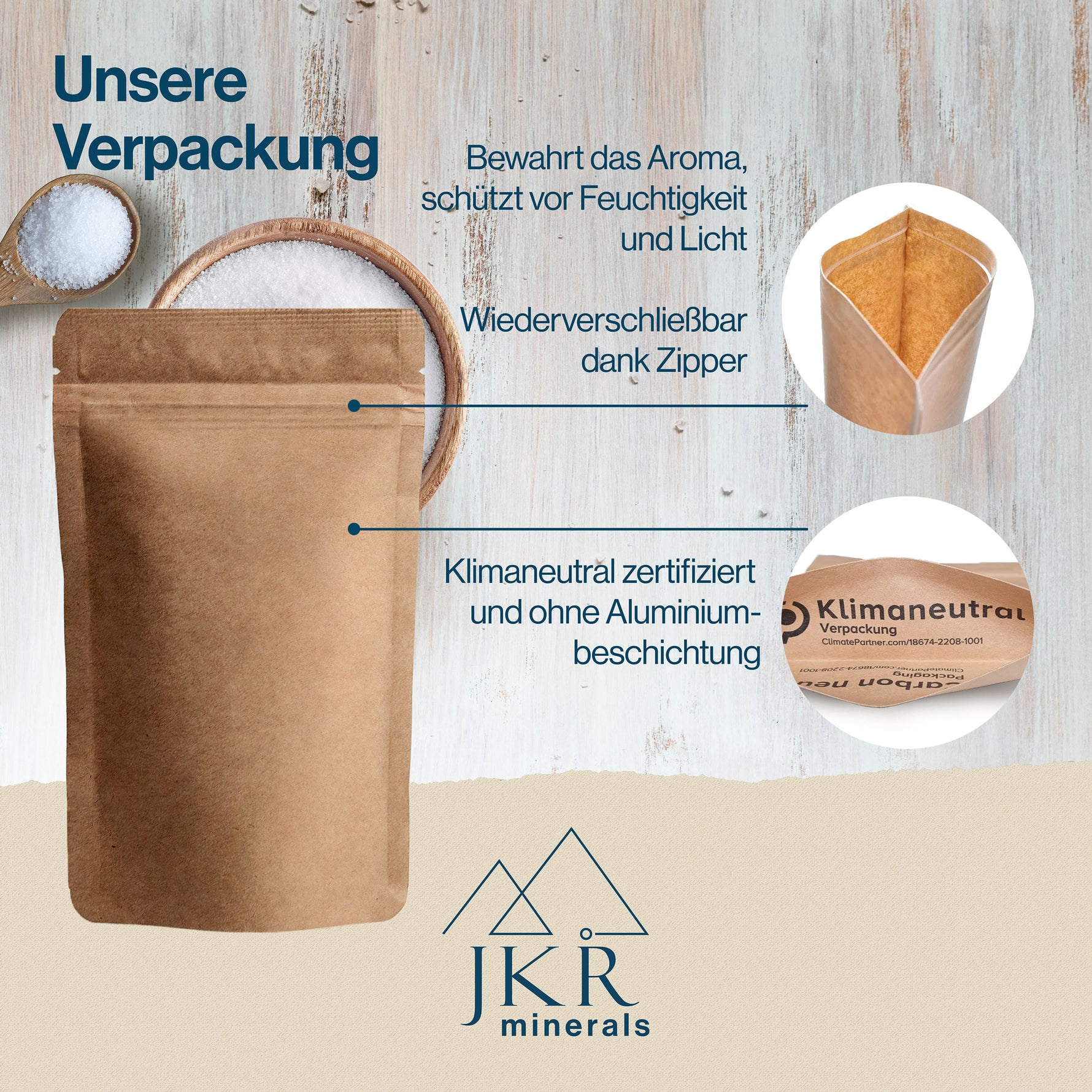 JKR Minerals Verpackung Infografik, wiederverschließbarer Doypack, Details zu Material und Aromaschutz, Textgrafik