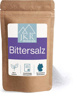 JKR Minerals Bittersalz im Doypack – reines Magnesiumsulfat in feiner Körnung, naturbelassen und in Deutschland abgefüllt, Produktbeutel mit Salzprobe daneben