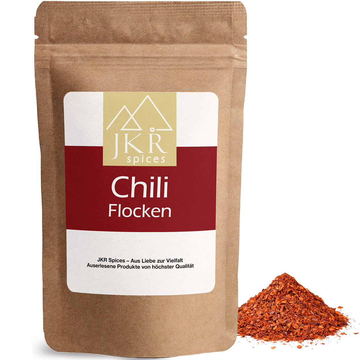 Chili Flocken im braunen JKR Doypack mit sichtbaren roten Chiliflocken daneben – scharfes Gewürz in hochwertiger Verpackung