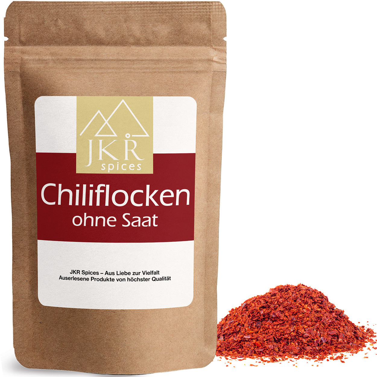 Chili Flocken im braunen JKR Doypack mit sichtbaren roten Chiliflocken daneben – leicht scharfes Gewürz in hochwertiger Verpackung