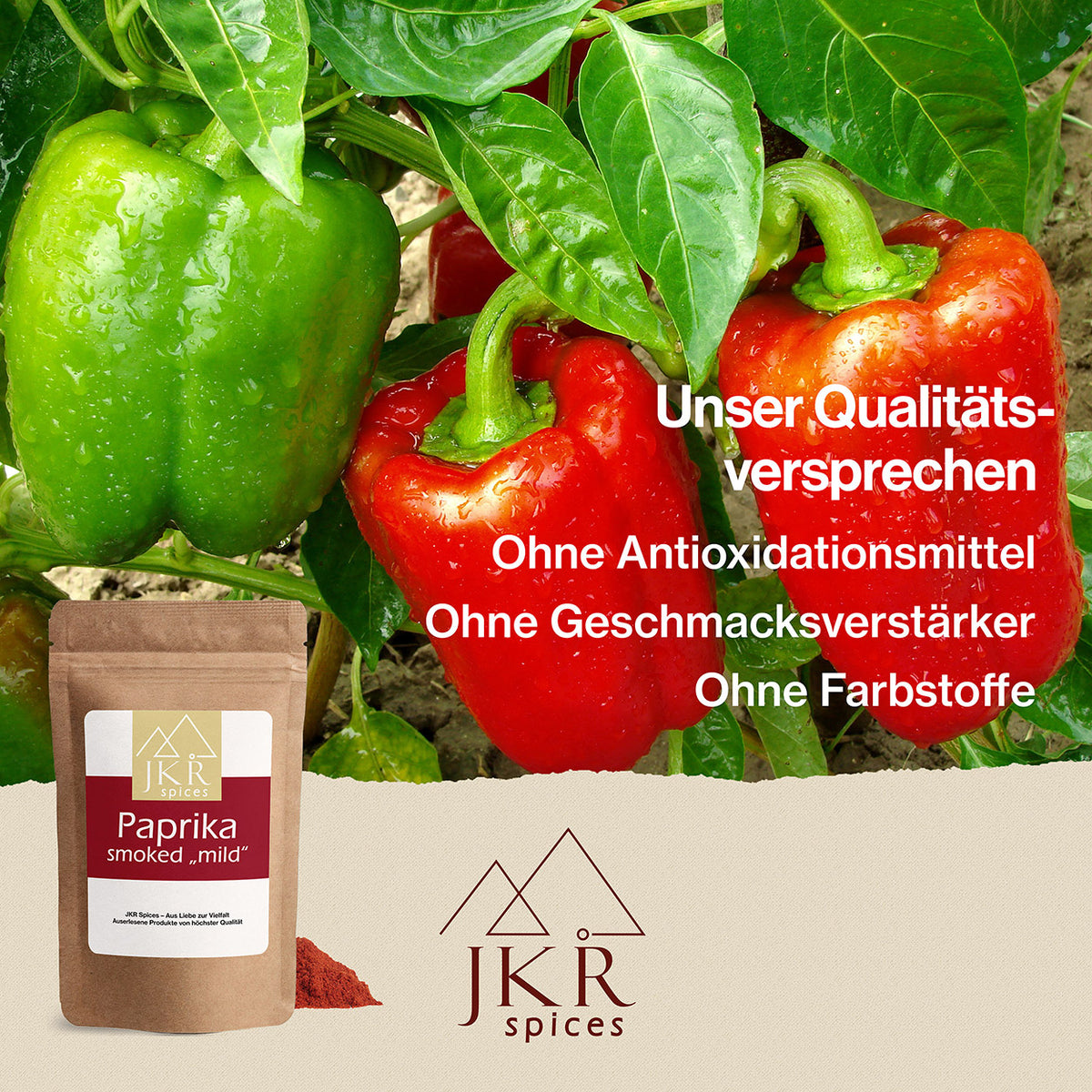 Grüne und rote Paprikaschoten am Strauch hängend. Text: Unser Qualitätsversprechen: Ohne Antioxidationsmittel/Ohne Geschmacksverstärker/Ohne Farbstoffe