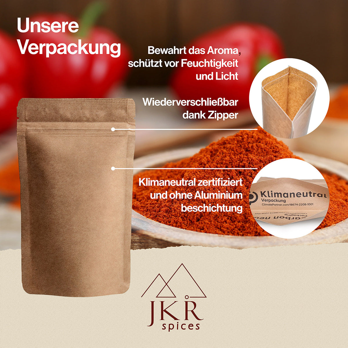 Unsere Verpackung, JKR Spices Gewürze im wiederverschließbaren Kraftpapier Doypack, aromadicht und praktisch zu lagern