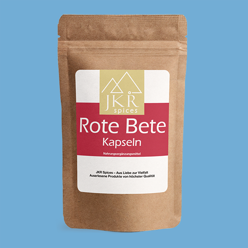 JKR Spices Rote Bete Kapseln im braunen Doypack mit Etikett auf blauem Hintergrund Vorderseite des Produkts