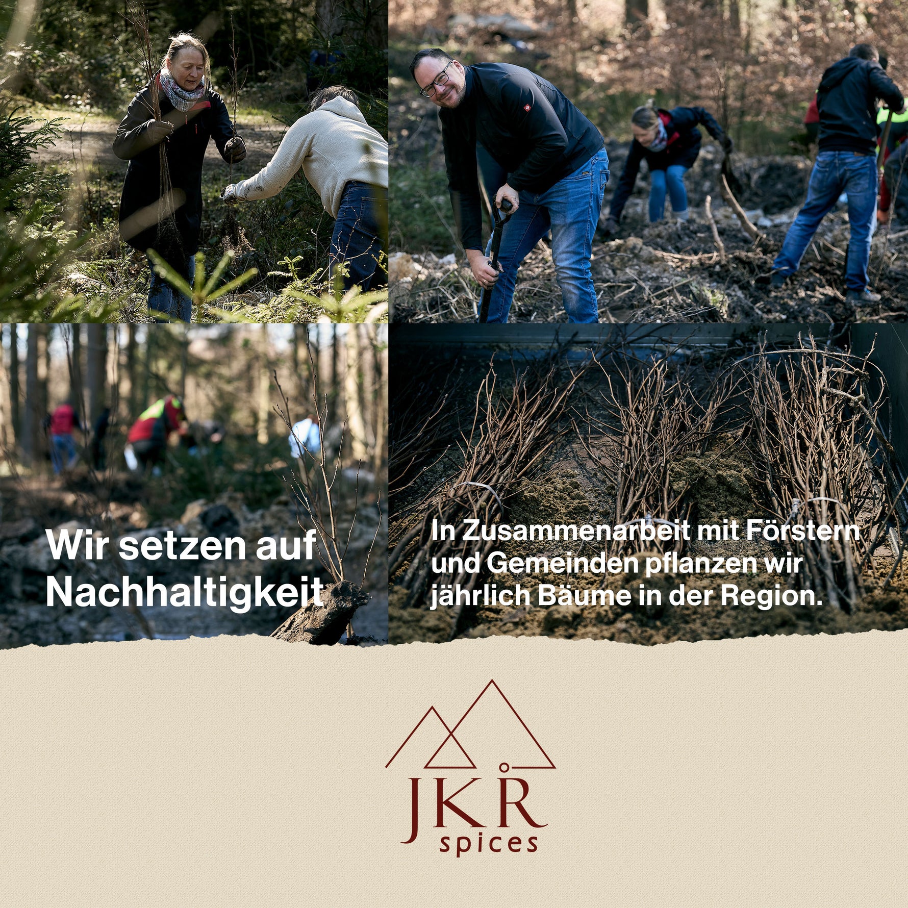 Mitarbeiter pflanzen Bäume, Text: Wir setzen auf Nachhaltigkeit. In Zusammenarbeit mit Förstern und Gemeinden pflanzen wir jährlich Bäume in der Region. JKR Logo