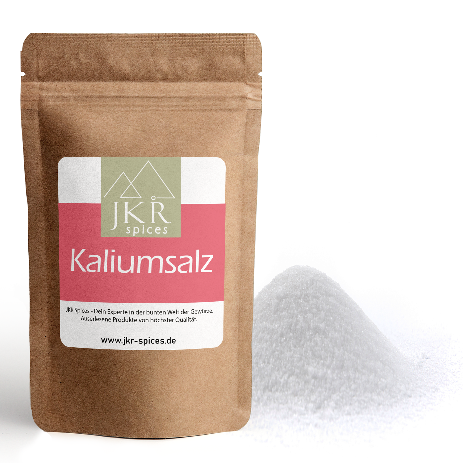 JKR Spices Kaliumsalz im Doypack mit weißem Salzpulver, Produktfoto der natriumärmeren Salz Alternative