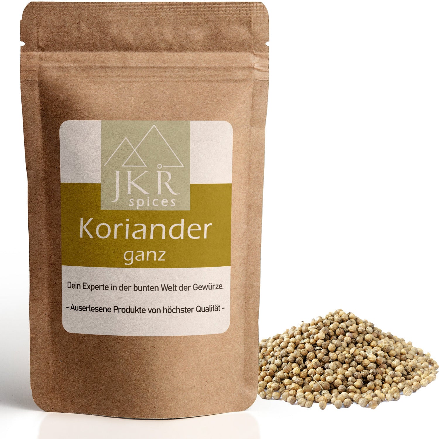 Koriander ganz im braunen JKR Doypack mit ganzen Koriandersamen davor – aromatisches Gewürz für Currys, Brot und orientalische Küche