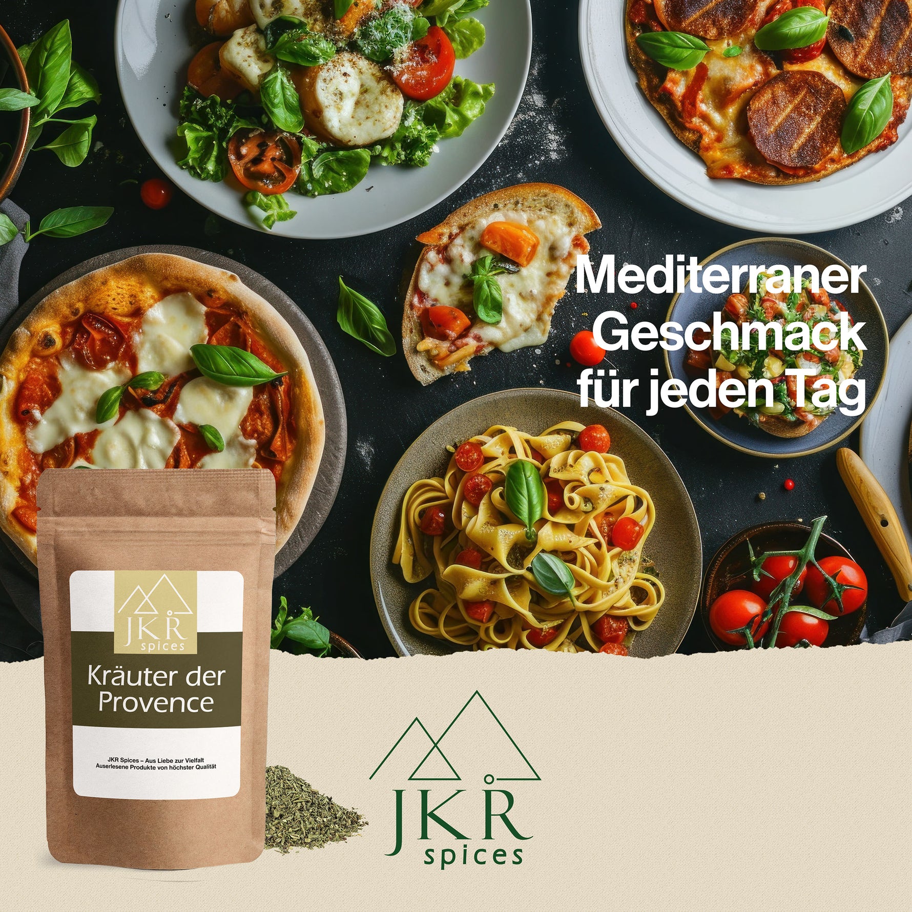 Verschiedene mediterrane Gerichte auf dunklem Untergrund, dekoriert mit Tomaten und Basilikumblättern. Text: Mediterraner Geschmack für jeden Tag