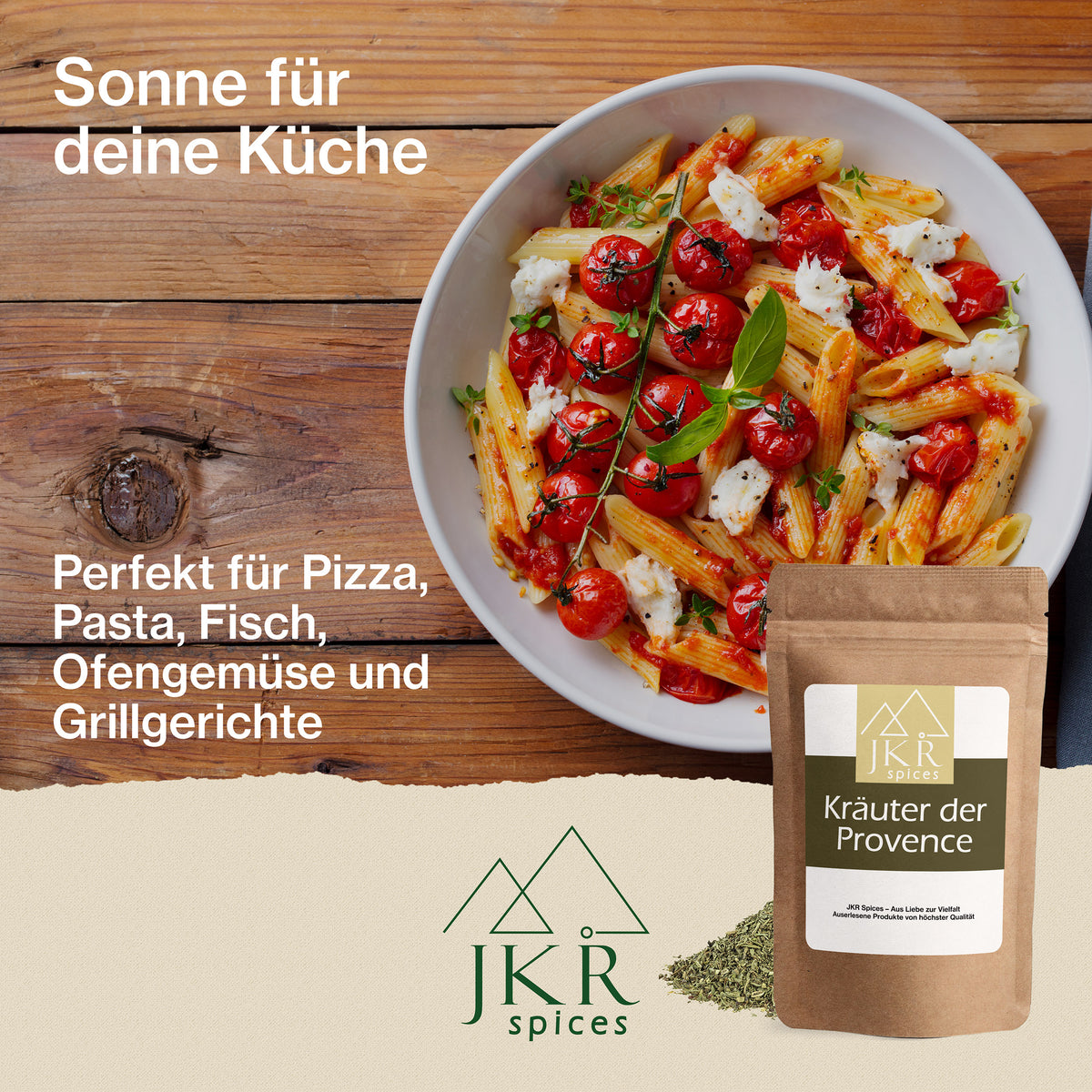 Mediterrane Pasta mit Tomaten und Mozzarella in einer weißen Schüssel angerichtet. Text: Sonne für deine Küche. Perfekt für Pizza, Pasta, Fisch, Ofengemüse und Grillgerichte