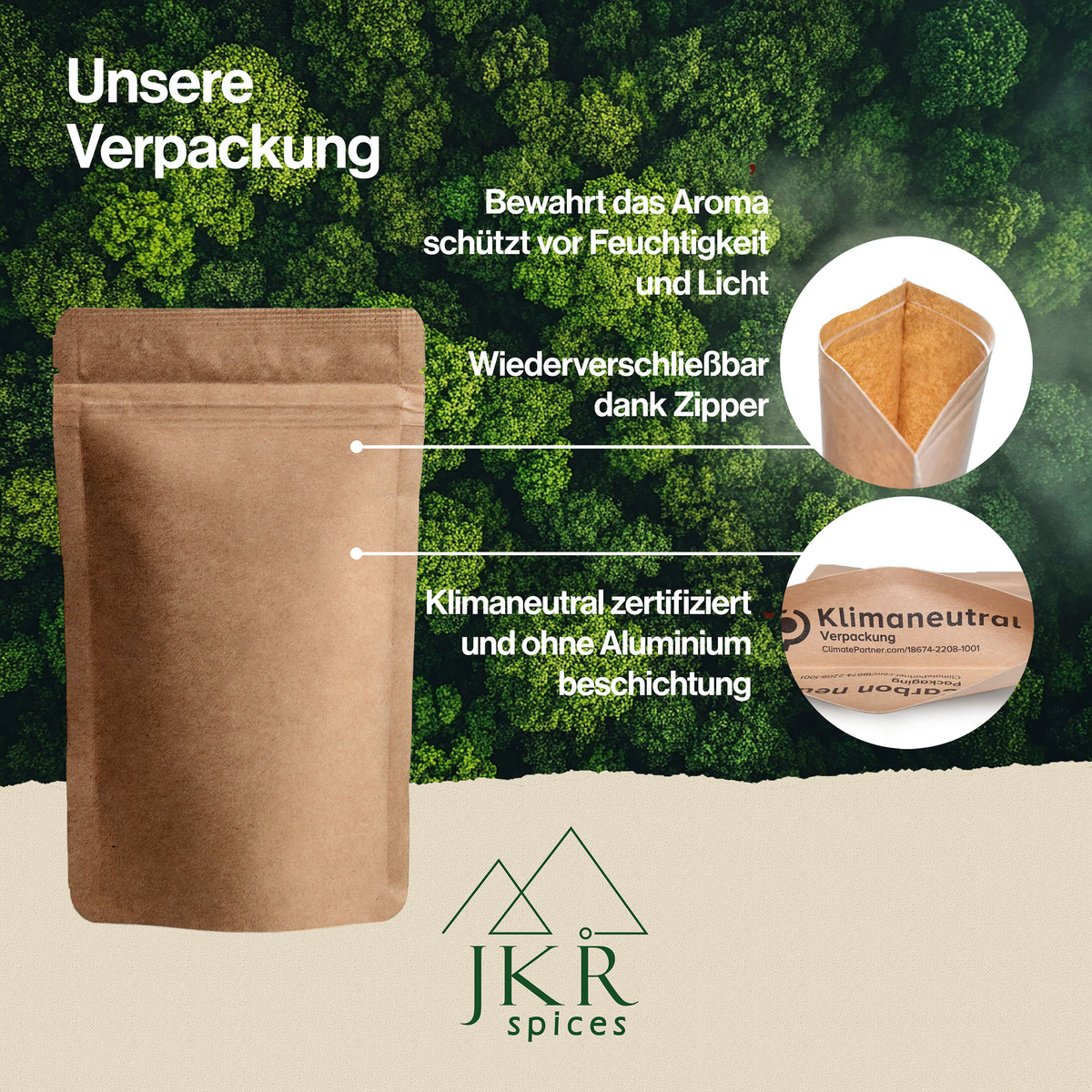 Unsere Verpackung, JKR Spices Gewürze im wiederverschließbaren Kraftpapier Doypack, aromadicht und praktisch zu lagern