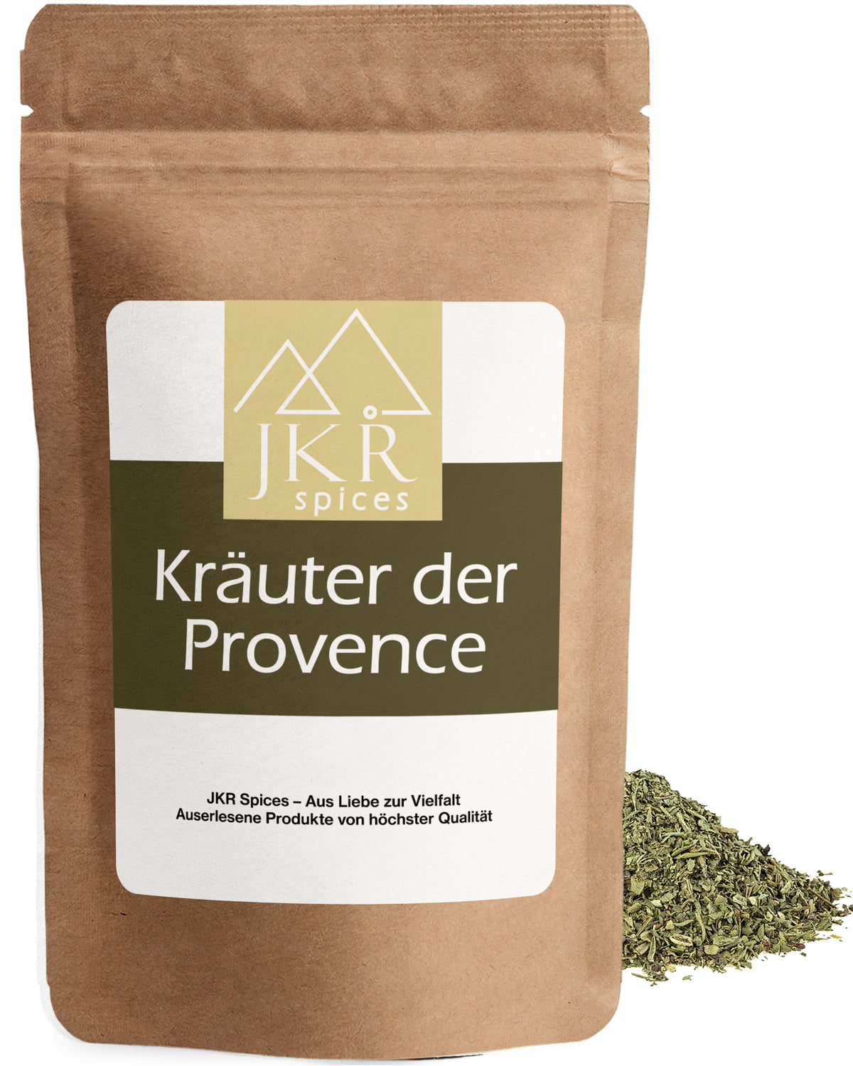 JKR Spices Kräuter der Provence im Doypack, Kräutermischung als Häufchen neben der Packung, Produktfoto auf weißem Hintergrund
