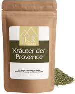JKR Spices Kräuter der Provence im Doypack, Kräutermischung als Häufchen neben der Packung, Produktfoto auf weißem Hintergrund