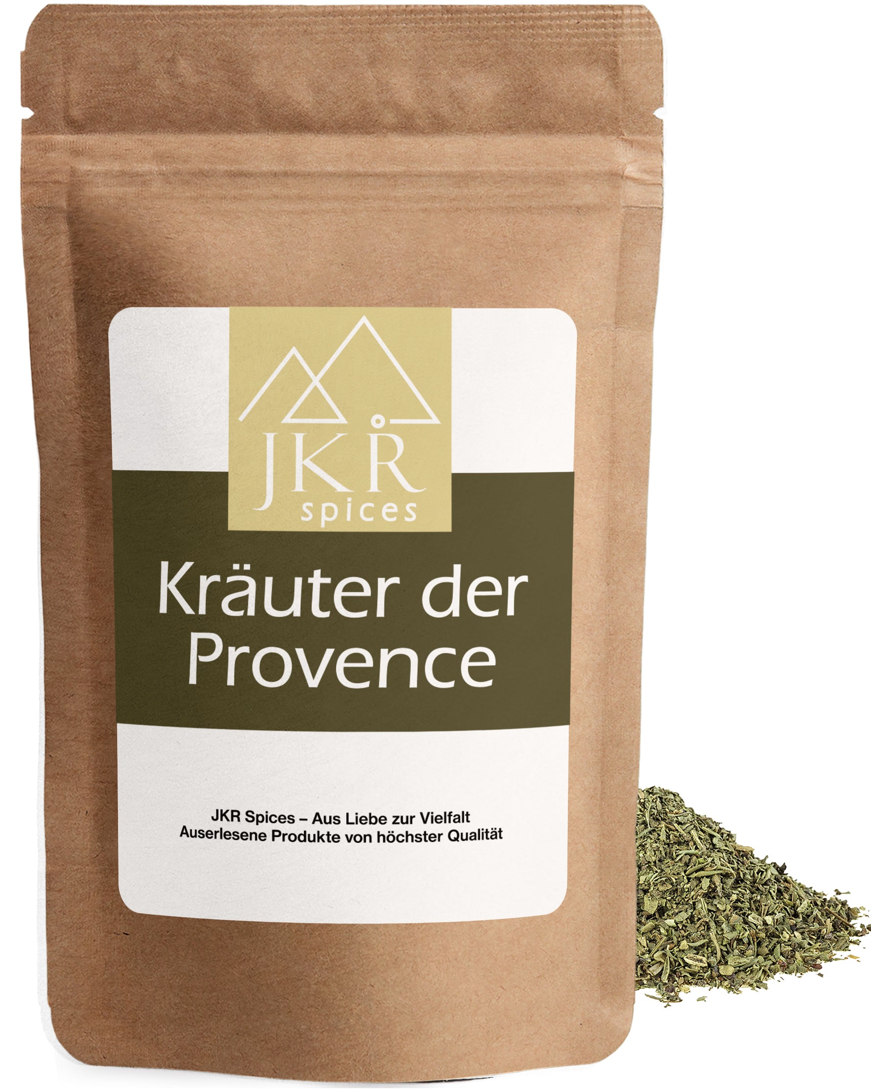 JKR Spices Kräuter der Provence im Doypack, Kräutermischung als Häufchen neben der Packung, Produktfoto auf weißem Hintergrund