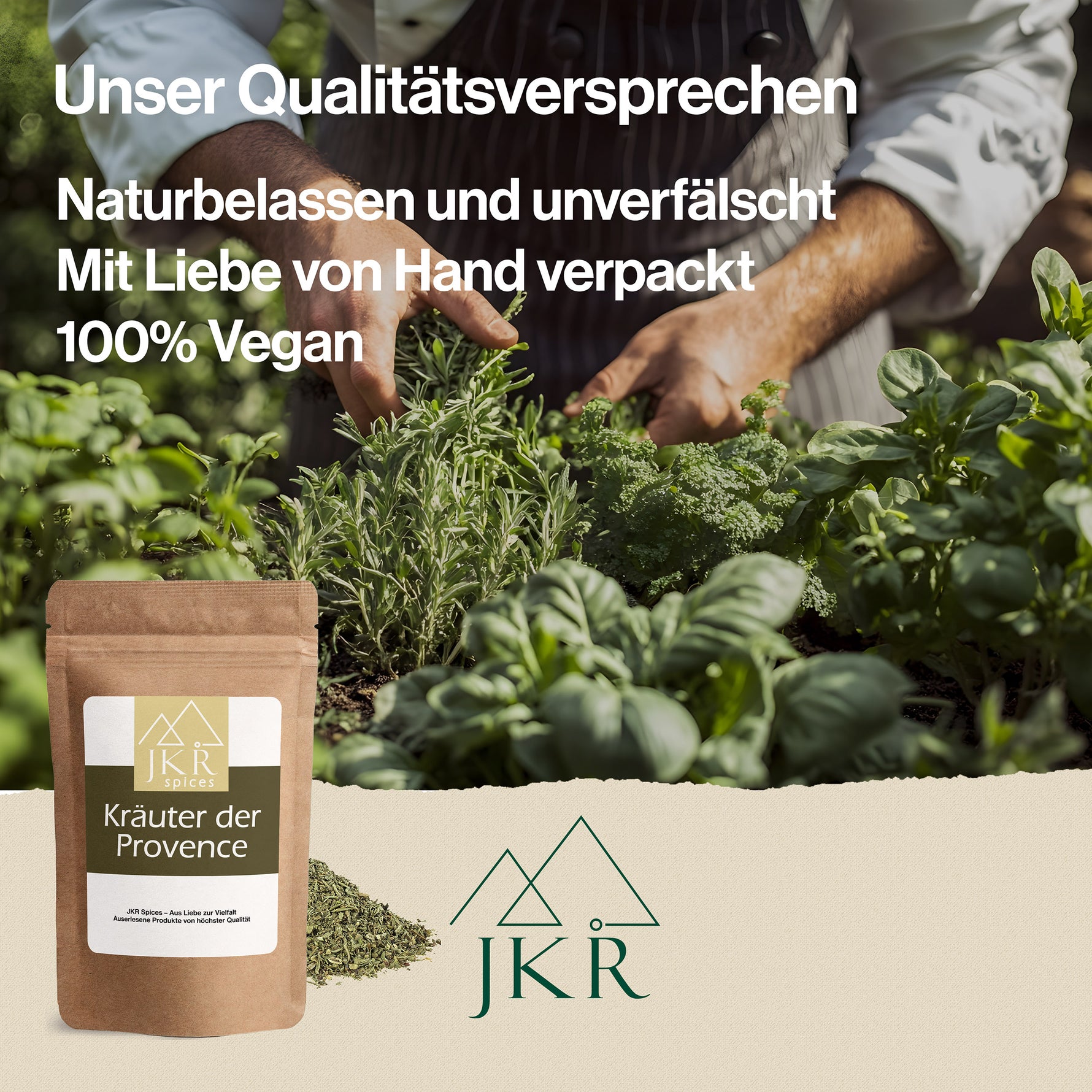 JKR Qualitätsversprechen, naturbelassen und unverfälscht, mit Liebe von Hand verpackt, 100% vegan
