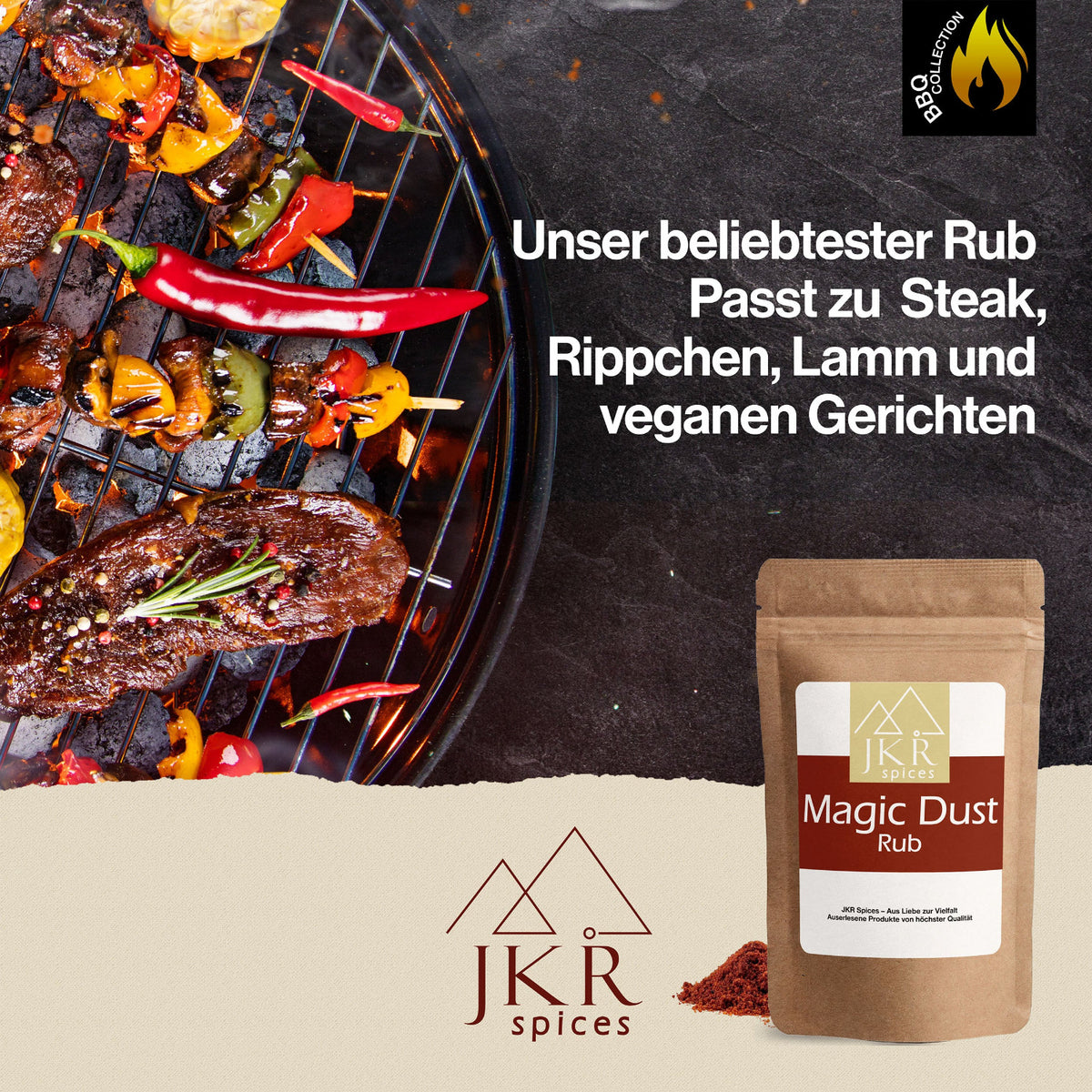 JKR Spices Magic Dust Rub im Doypack neben Grillmotiv mit Steak, Gemüse und Chili, BBQ Werbebild für vielseitige Gewürzmischung