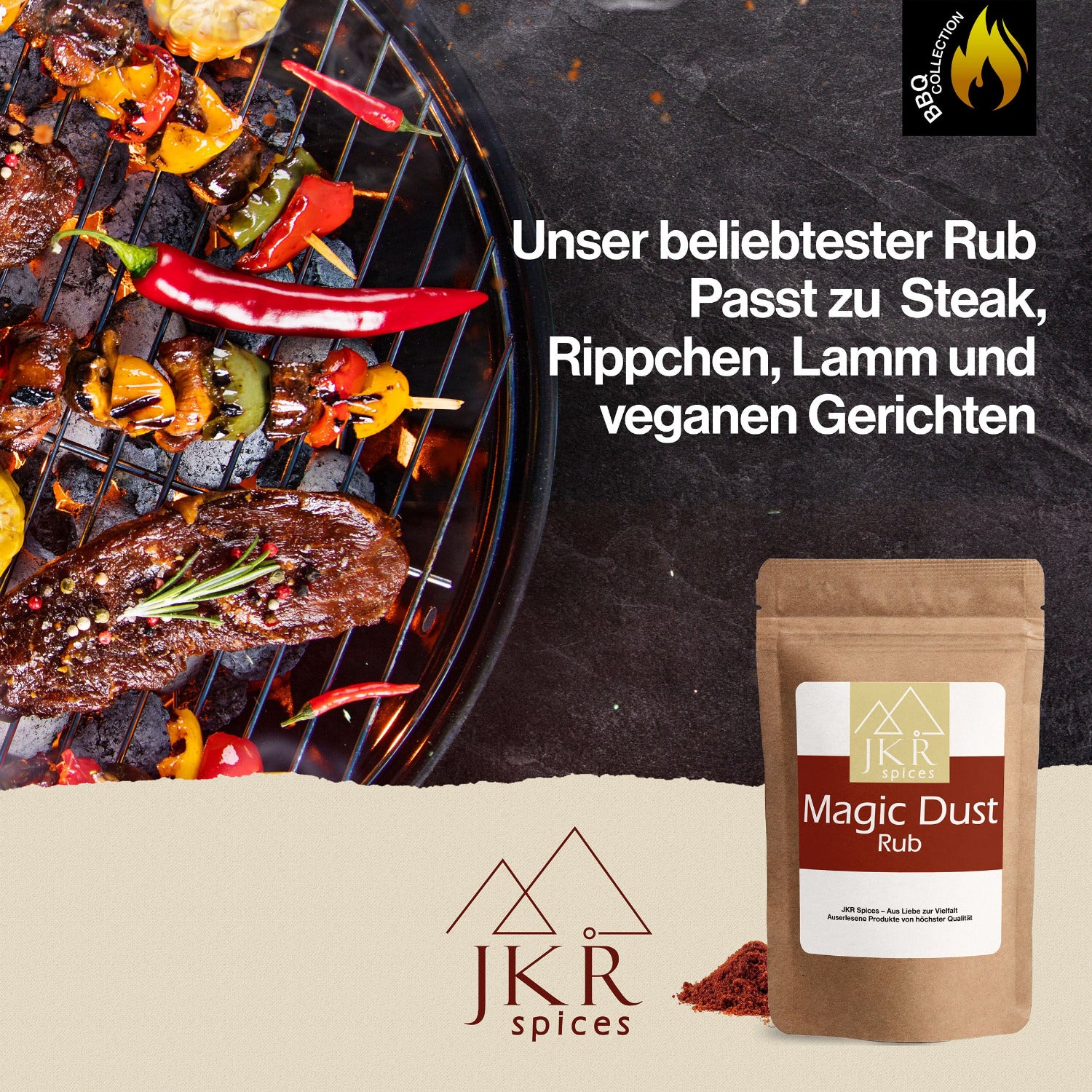 JKR Spices Magic Dust Rub im Doypack neben Grillmotiv mit Steak, Gemüse und Chili, BBQ Werbebild für vielseitige Gewürzmischung