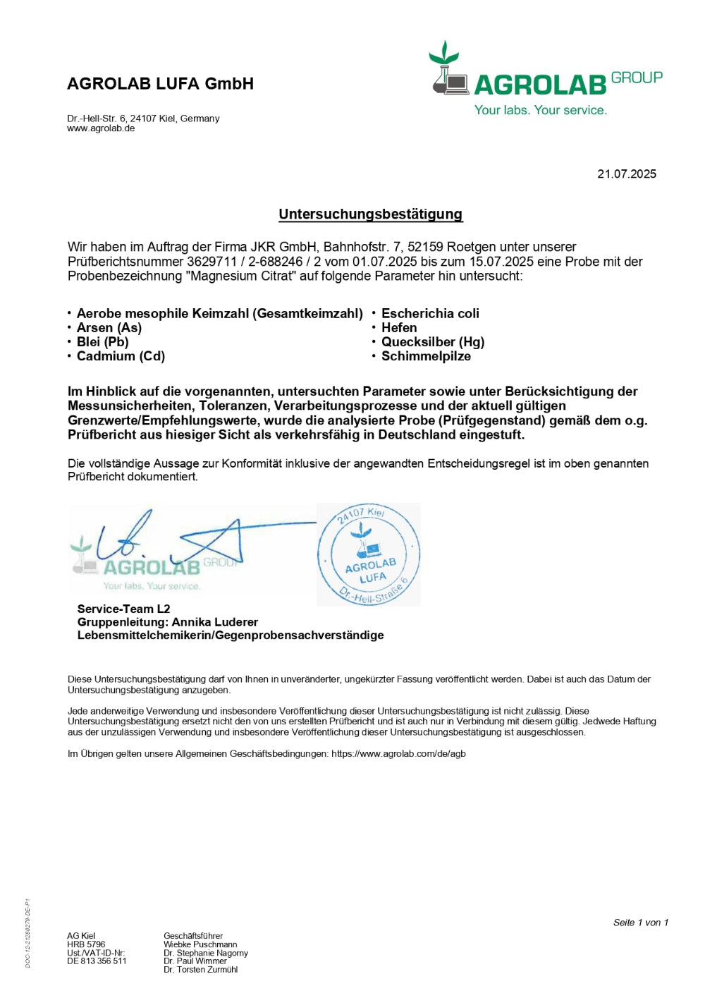 AGROLAB LUFA Untersuchungsbestätigung für JKR GmbH zur Probe Magnesium Citrat mit geprüften Parametern Gesamtkeimzahl, E. coli, Hefen, Schimmelpilze sowie Arsen, Blei, Cadmium, Quecksilber, datiert 21.07.2025