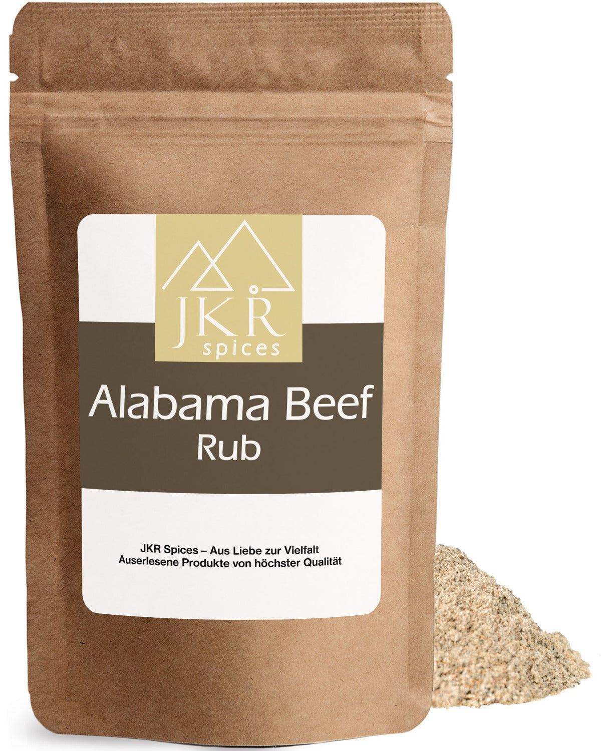 JKR Spices Alabama Beef Rub im braunen Doypack mit heller BBQ Gewürzmischung daneben, Produktbild auf weißem Hintergrund