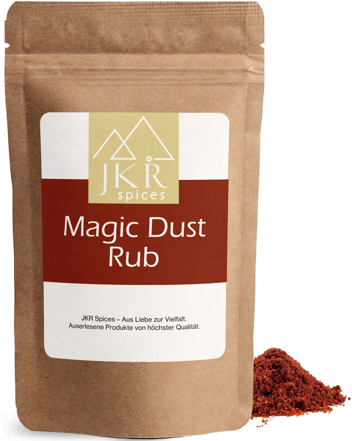 Brauner Gewürzbeutel von JKR Spices mit Rub Magic Dust Etikett und rotbrauner BBQ Gewürzmischung daneben freigestellt auf weißem Hintergrund