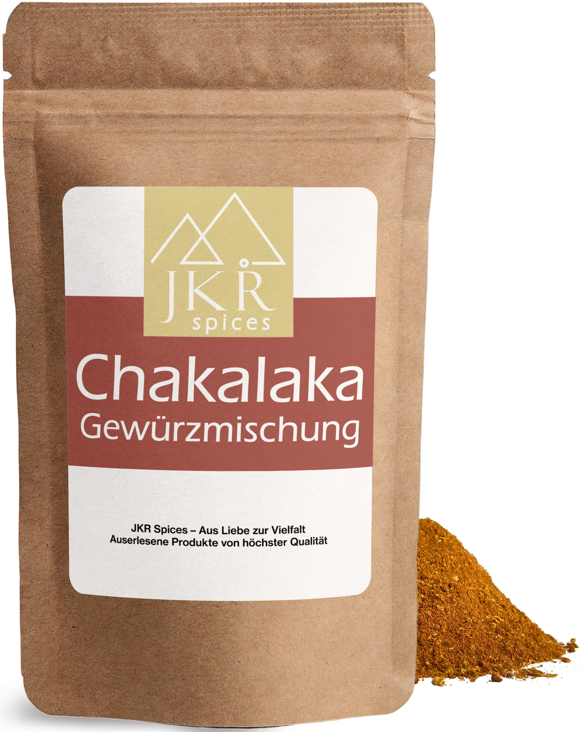JKR Chakalaka Gewürzmischung im aromadichten Doypack mit würzig-scharfem Chakalaka-Gewürz in kräftigem Orange