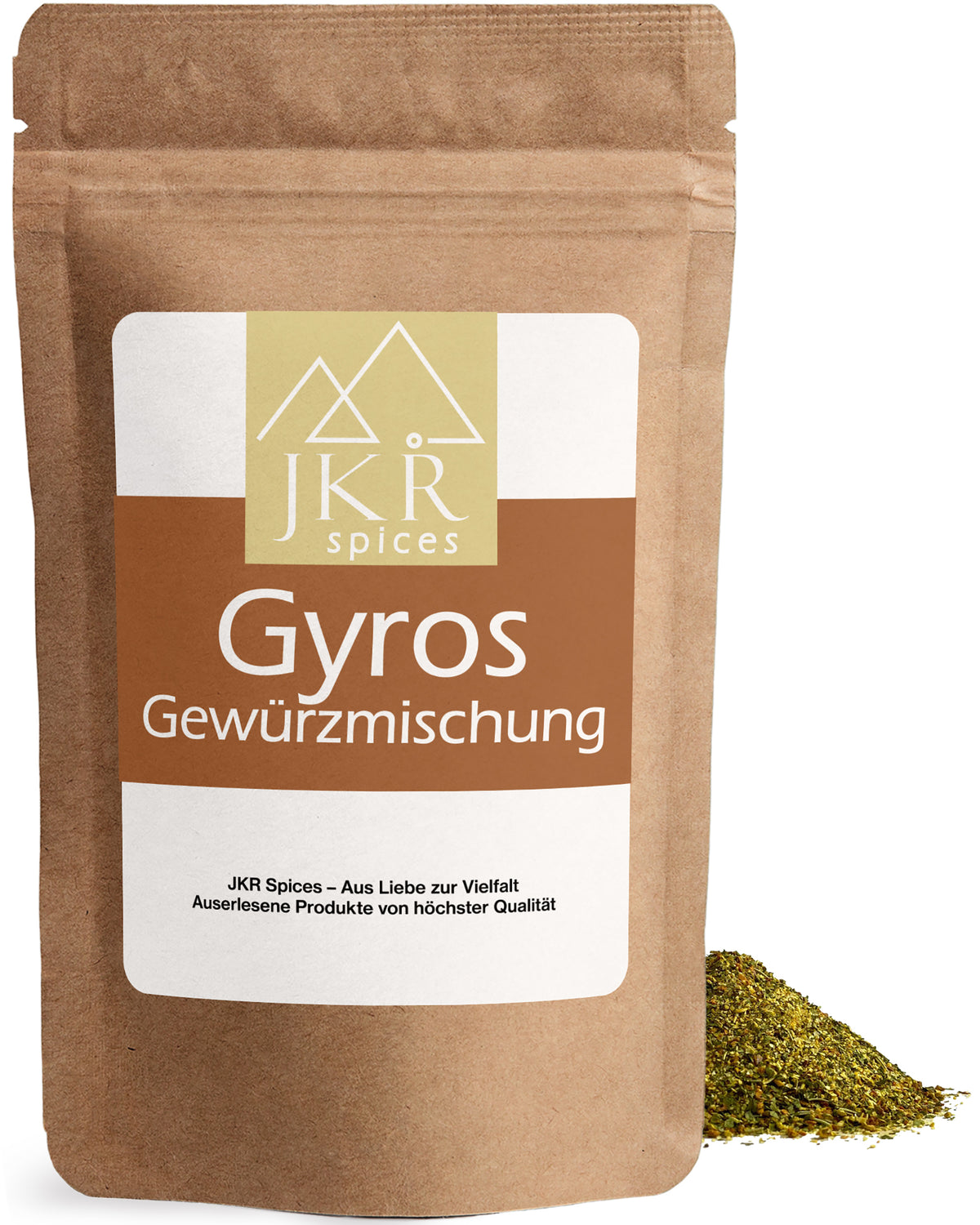 Gyros Gewürzmischung im braunen JKR Doypack mit würziger Kräuter-Gewürzmischung davor – aromatische Mischung für Gyros, Fleisch und mediterrane Gerichte