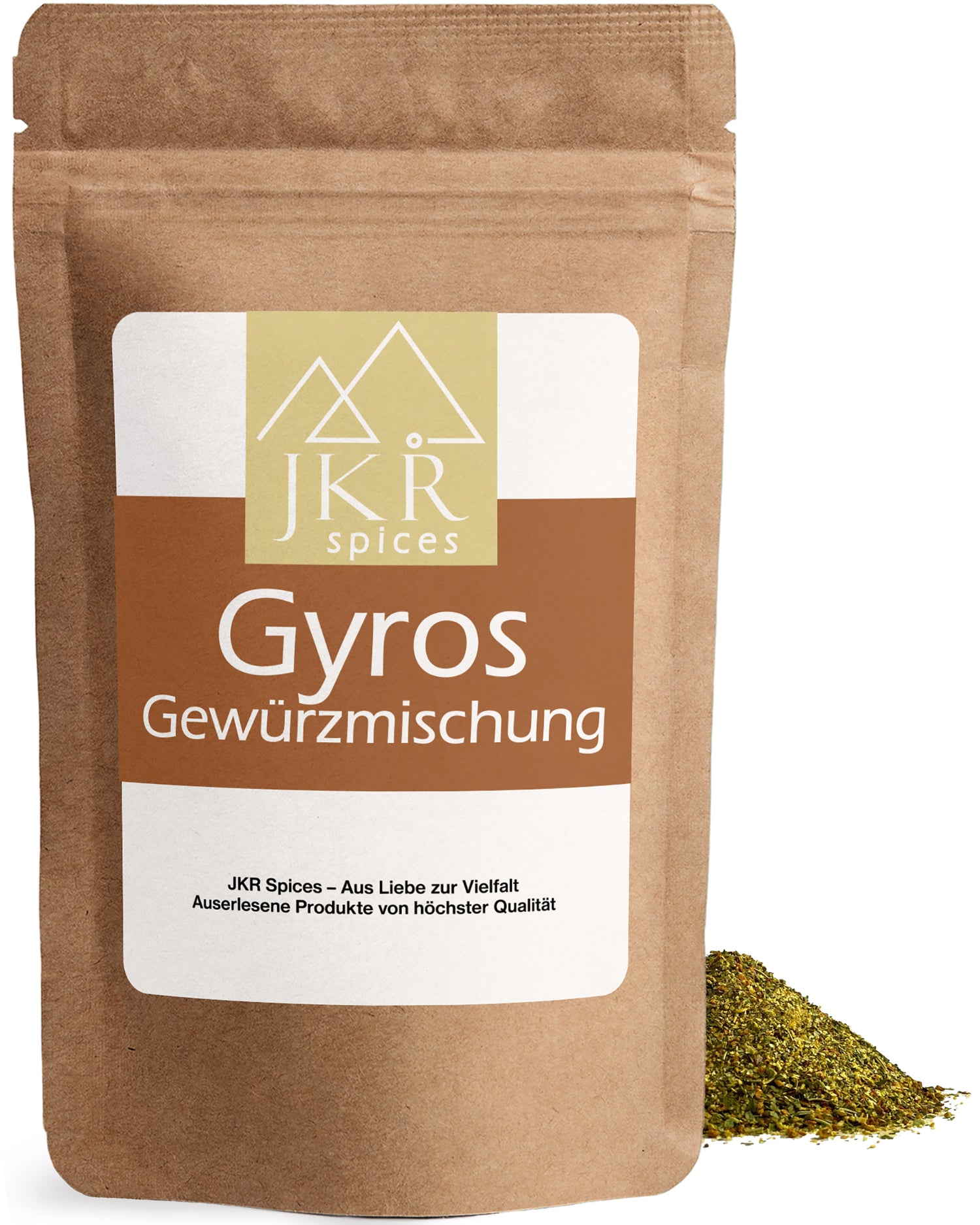 Gyros Gewürzmischung im braunen JKR Doypack mit würziger Kräuter-Gewürzmischung davor – aromatische Mischung für Gyros, Fleisch und mediterrane Gerichte