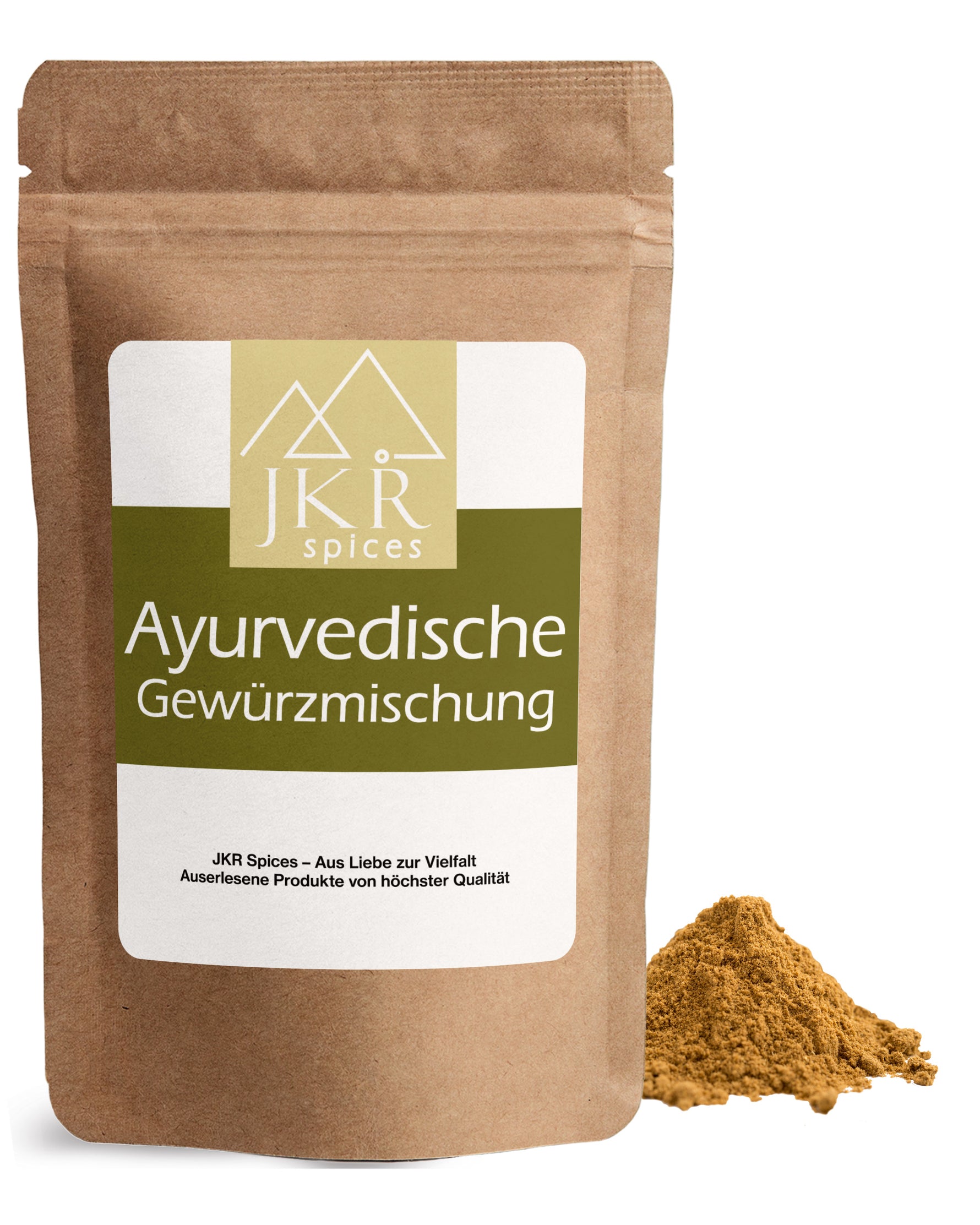 Ayurvedische Gewürzmischung von JKR im Doypack mit ausgestreutem aromatischem Gewürz, hochwertige natürliche Mischung für wohltuende Küche
