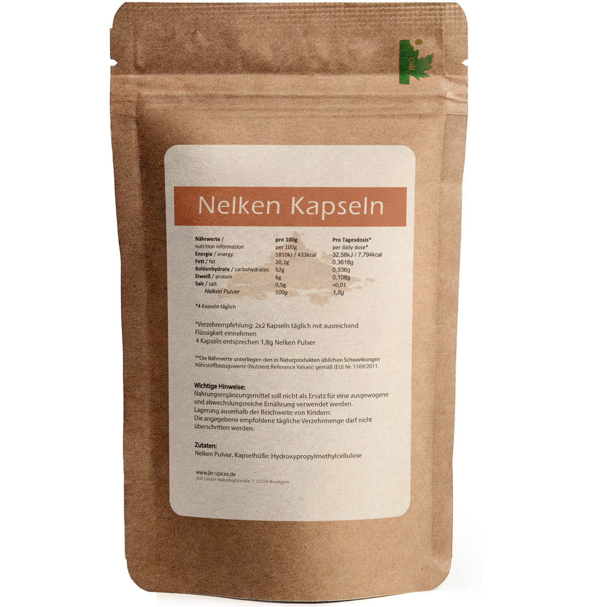 Rückseitenansicht JKR Spices Nelken Kapseln Doypack, Etikett mit Zutaten und Nährwerten, Produktinformation