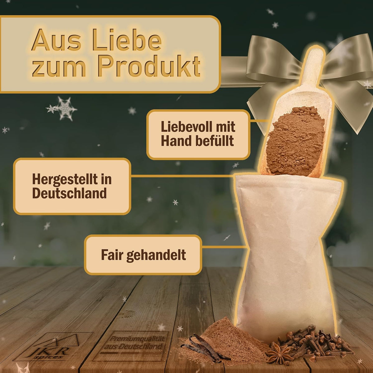 Aus Liebe zum Produkt Grafik, JKR Spices Gewürze werden sorgfältig abgefüllt und handverpackt, Doypack und Gewürzlöffel Motiv