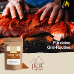 JKR Spices Pulled Pork Rub für deine Grill Routine, Produkt im Doypack mit Textgrafik, BBQ Gewürz für Schwein und Pulled Pork