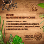 JKR Spices Qualitätsversprechen Grafik, ohne Farbstoffe, ohne Konservierungsstoffe, ohne Geschmacksverstärker, ohne Rieselhilfen, 100% natürlich und vegan