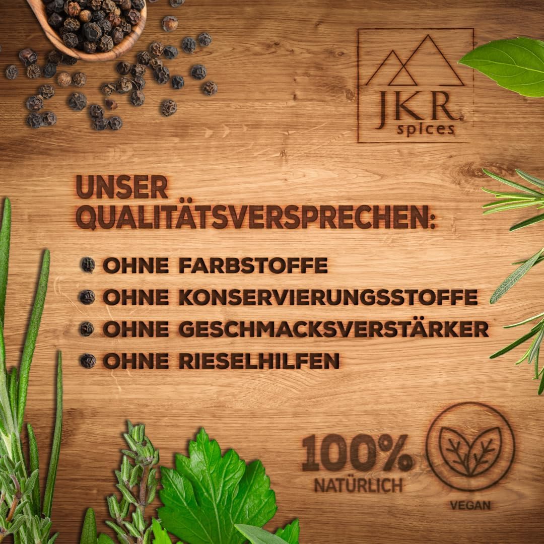 JKR Spices Qualitätsversprechen Grafik, ohne Farbstoffe, ohne Konservierungsstoffe, ohne Geschmacksverstärker, ohne Rieselhilfen, 100% natürlich und vegan