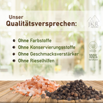 JKR Spices Qualitätsversprechen Grafik, ohne Farbstoffe, ohne Konservierungsstoffe, ohne Geschmacksverstärker, ohne Rieselhilfen, 100% natürlich und vegan, Salz und Pfeffer als Zutatenmotiv
