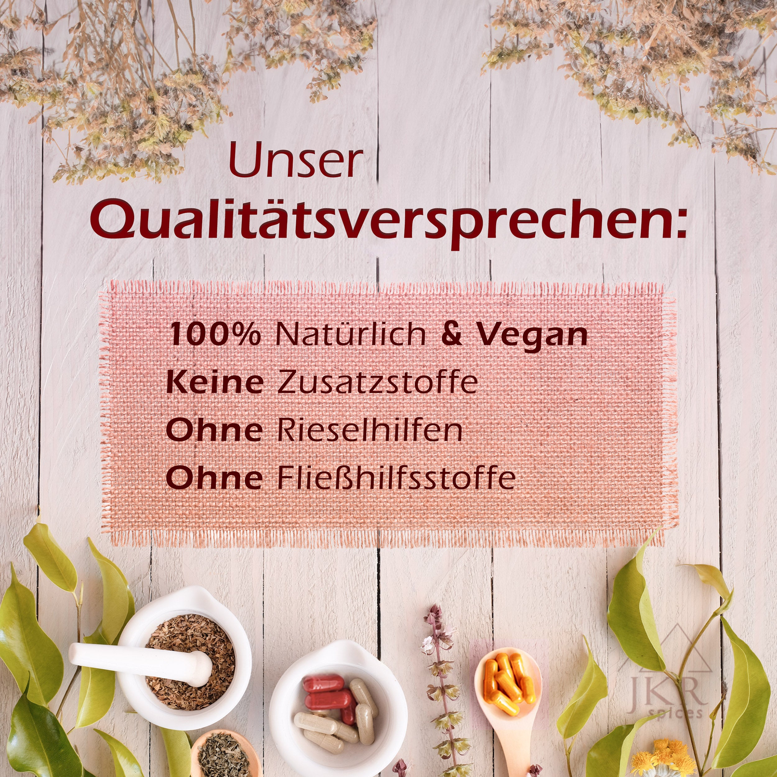 Qualitätsversprechen der JKR  Kapseln: 100 Prozent natürlich und vegan, frei von Zusatzstoffen und sorgfältig verarbeitet