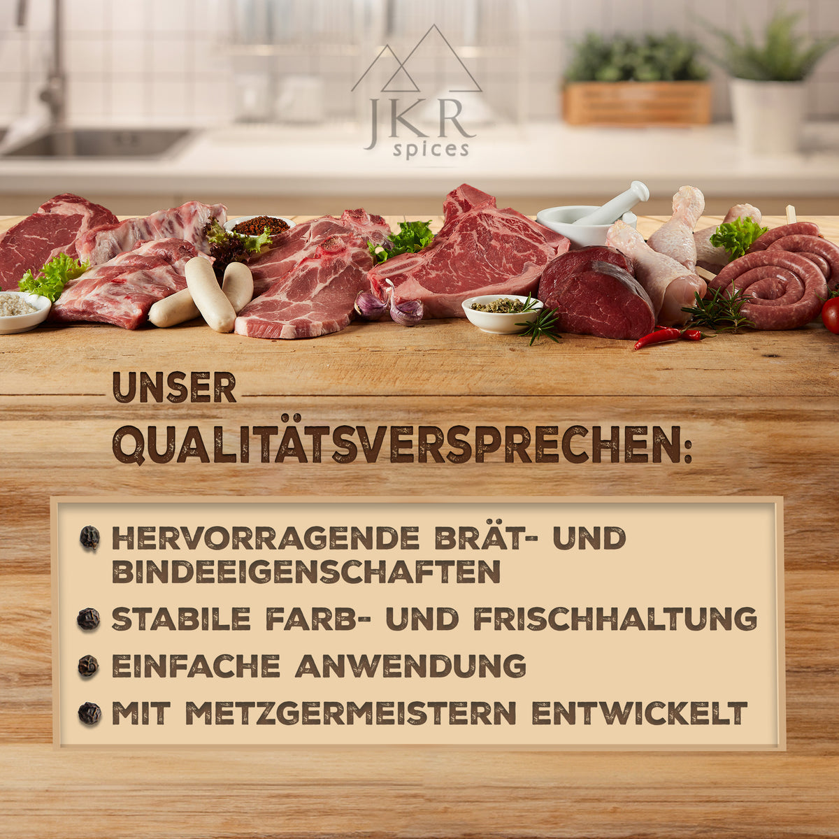 JKR Qualitätsversprechen für Leberkäse Gewürzmischung mit Icons zu Reinheit, Ohne Zusatzstoffe und Vegan – transparente Produktqualität