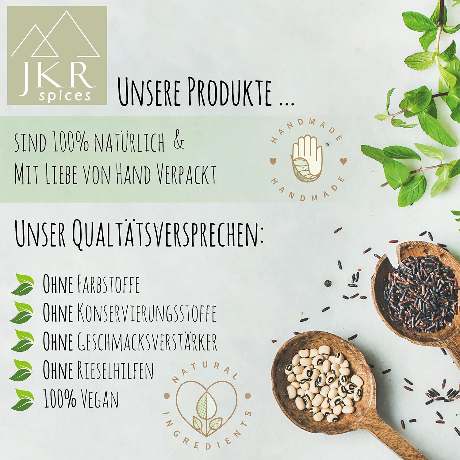 Natürliches JKR Gewürzversprechen mit Handarbeit, veganen Zutaten und Verzicht auf Farbstoffe, Konservierungsstoffe und Geschmacksverstärker – nachhaltige Qualität 