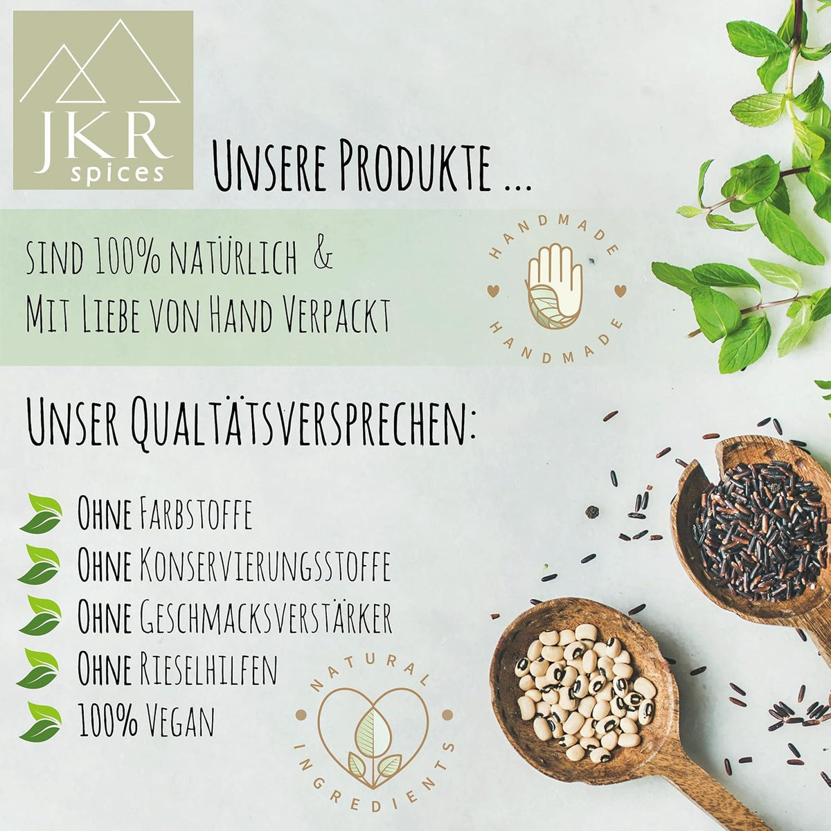 Natürliches JKR Gewürzversprechen mit Handarbeit, veganen Zutaten und Verzicht auf Farbstoffe, Konservierungsstoffe und Geschmacksverstärker – nachhaltige Qualität 