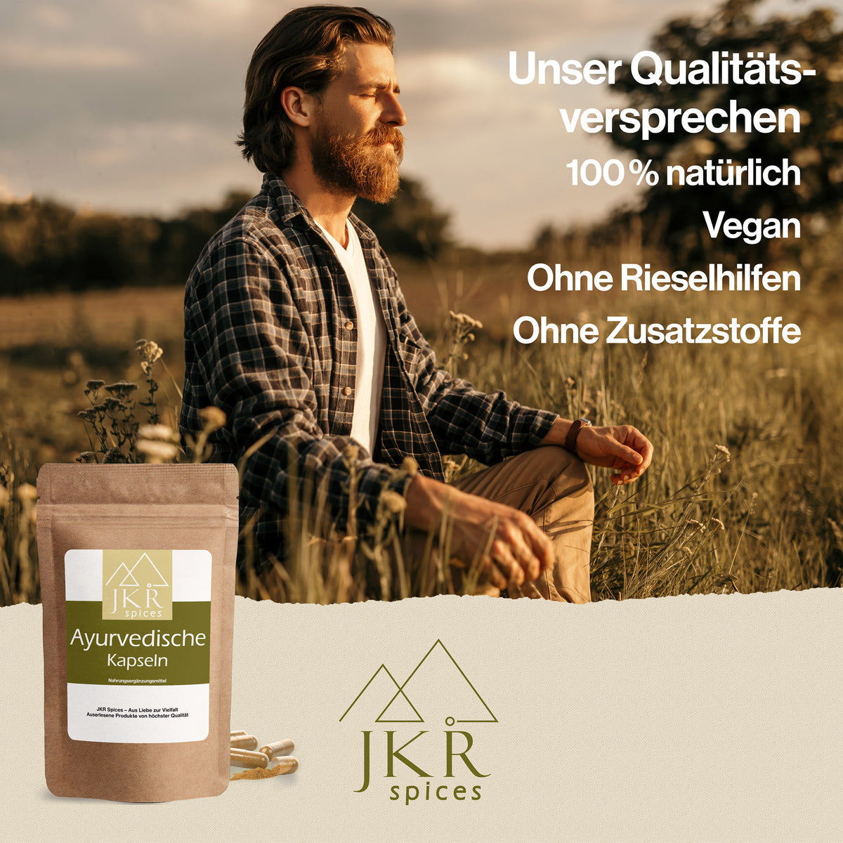 JKR Spices Qualitätsversprechen: 100% natürlich, vegan, ohne Rieselhilfen, ohne Zusatzstoffe.