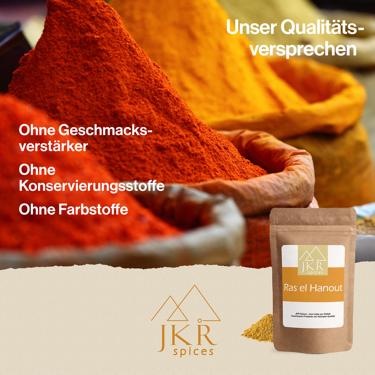 JKR Spices Qualitätsversprechen zu Ras el Hanout: Ohne Geschmacksverstärker, ohne Konservinerungsstoffe, ohne Farbstoffe