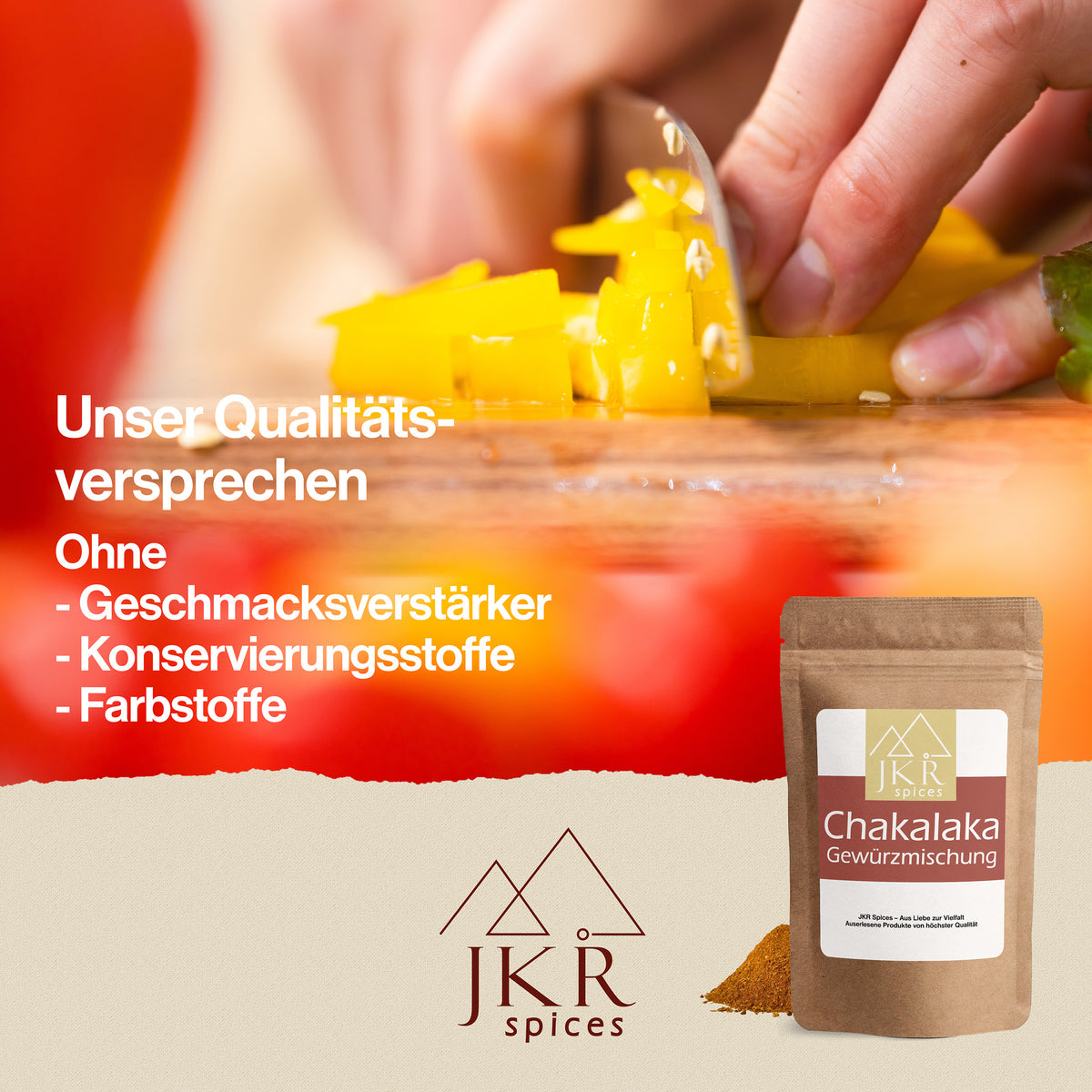 Detailbild von geschnittener gelber Paprika. Text: Unser Qualitätsversprechen. Ohne - Geschmacksverstärker, - Konservierungsstoffe, - Farbstoffe