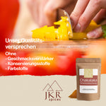 Detailbild von geschnittener gelber Paprika. Text: Unser Qualitätsversprechen. Ohne - Geschmacksverstärker, - Konservierungsstoffe, - Farbstoffe