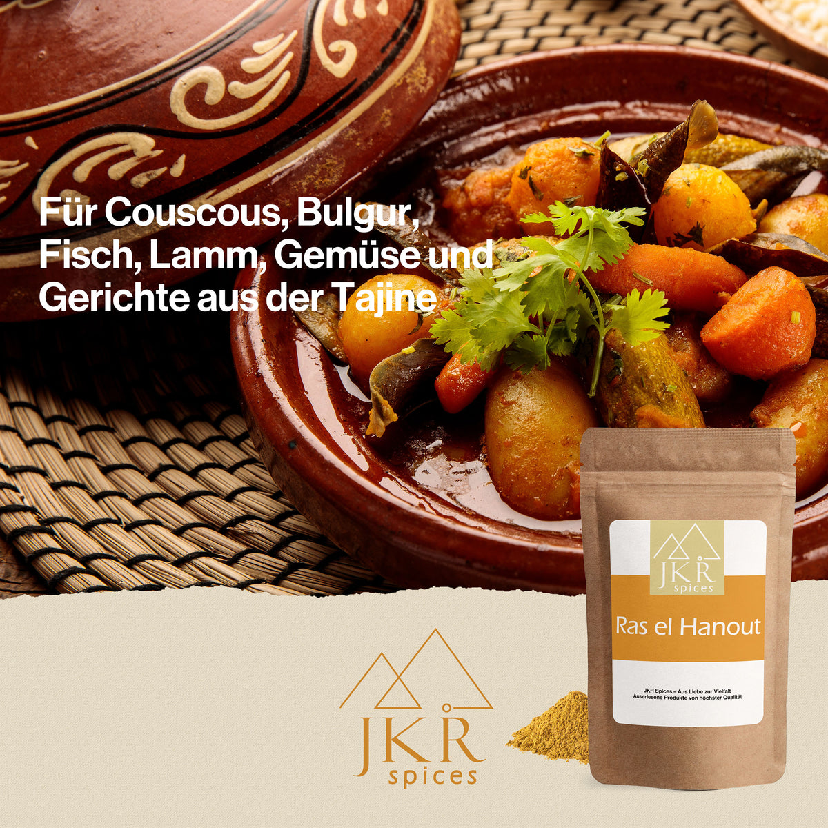 Marokkanisches Tajine-Gericht aus Kartoffeln, Möhren und Minze; Text: Für Couscous, Bulgur, Fisch, Lamm, Gemüse und Gerichte aus der Tajine