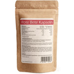 Rückseite der JKR Rote Bete Kapseln mit detaillierter Nährwerttabelle, Zutatenliste und Anwendungsempfehlung – transparente Produktinformationen zur hochwertigen Rote-Bete-Nahrungsergänzung
