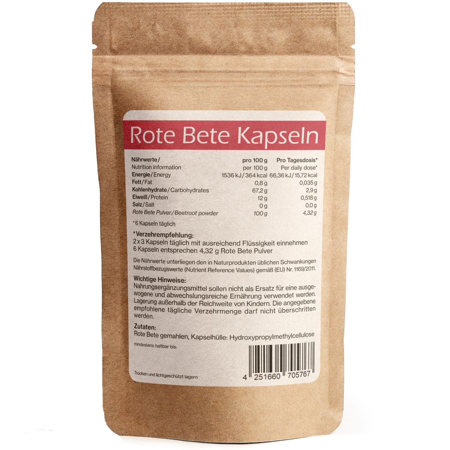 Rückseite der JKR Rote Bete Kapseln mit detaillierter Nährwerttabelle, Zutatenliste und Anwendungsempfehlung – transparente Produktinformationen zur hochwertigen Rote-Bete-Nahrungsergänzung